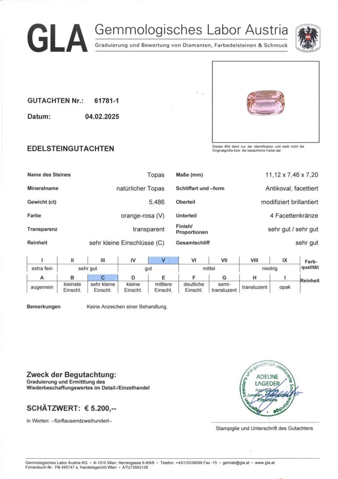 Gutachten zu Topas antik orange-rosa unbehandelt 5,48 ct.