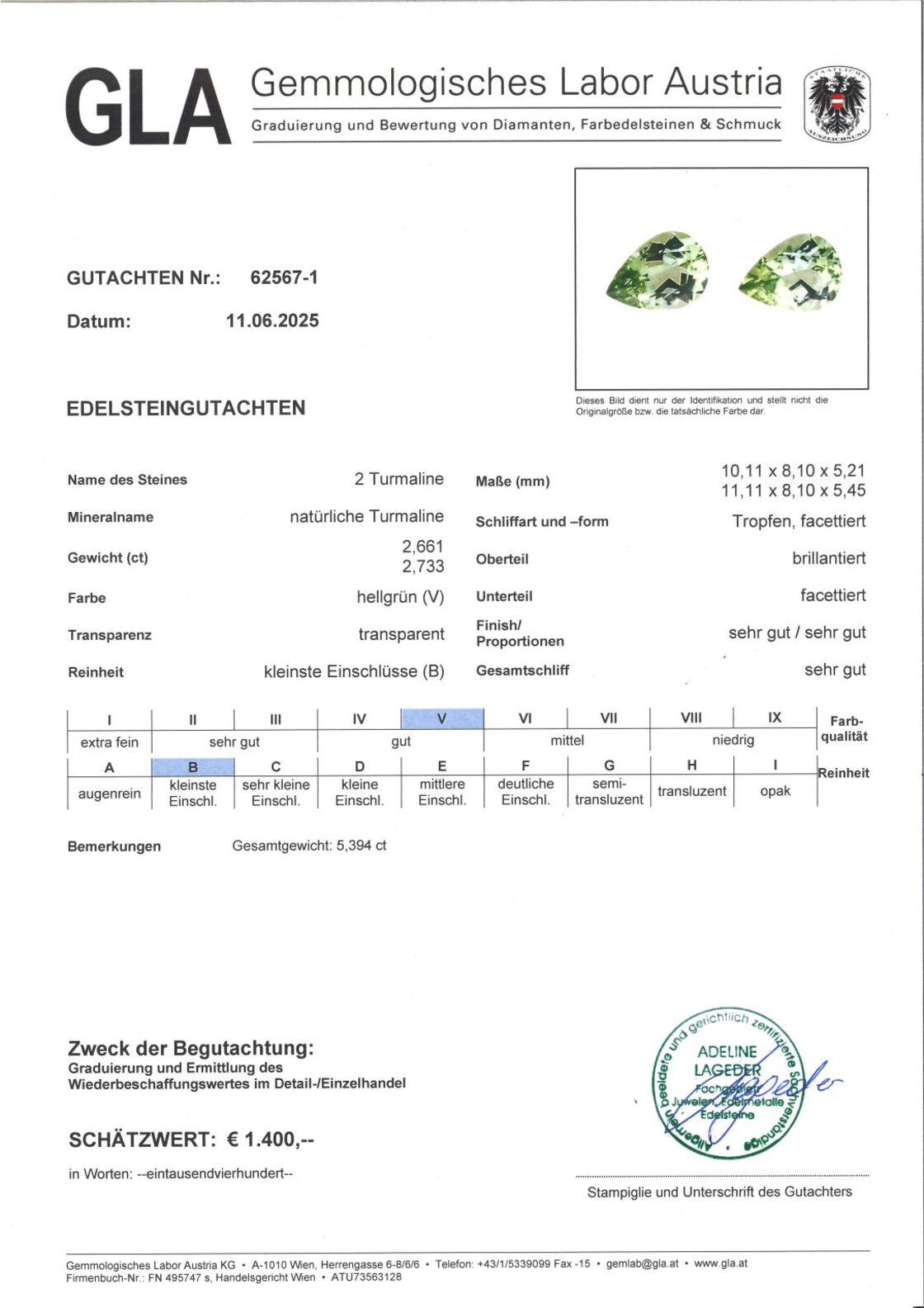 Gutachten zu Turmalin Duo Tropfen hellgrün 5,39 ct.