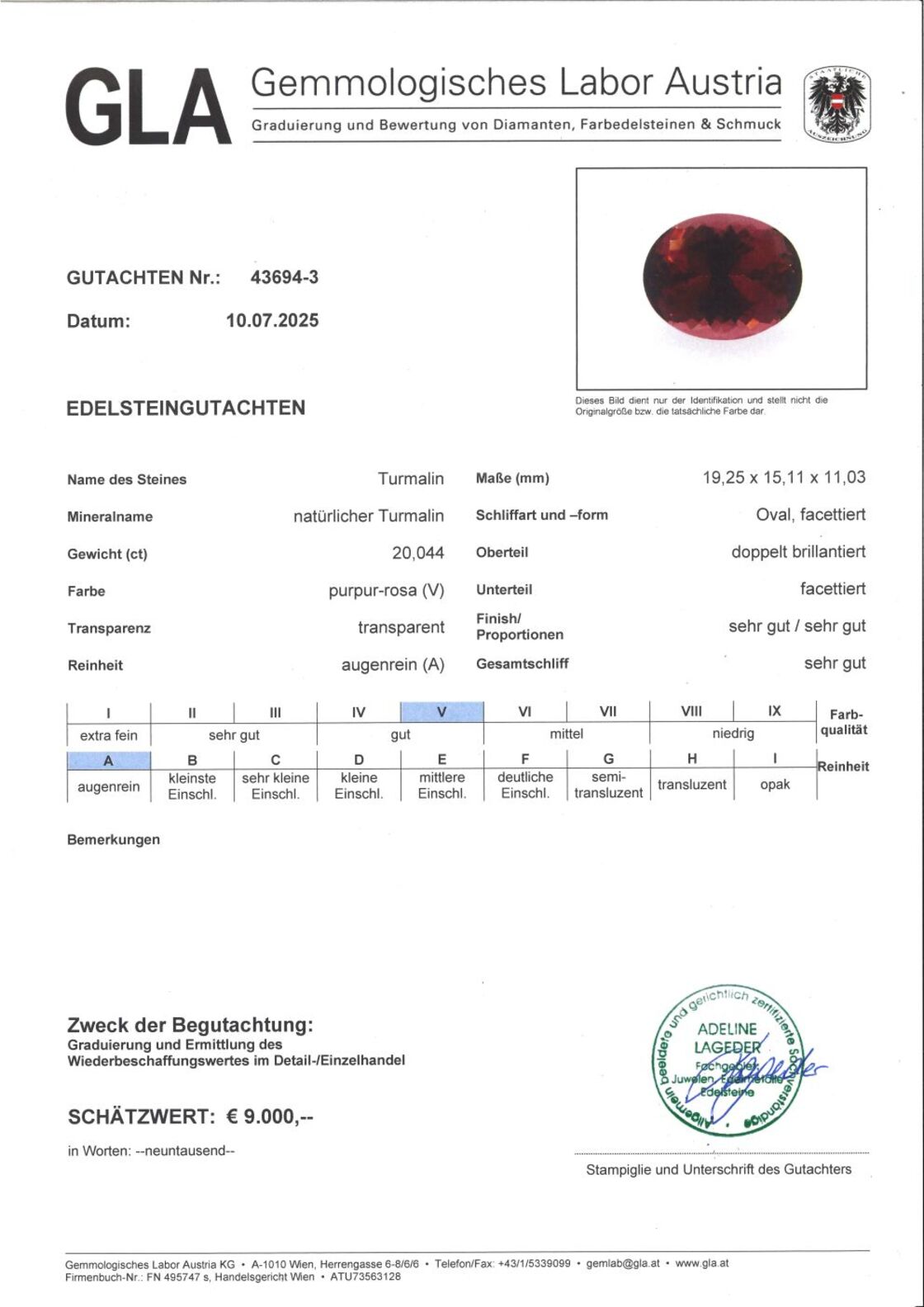 Gutachten zu Turmalin oval purpur-rosa 20,04 ct.