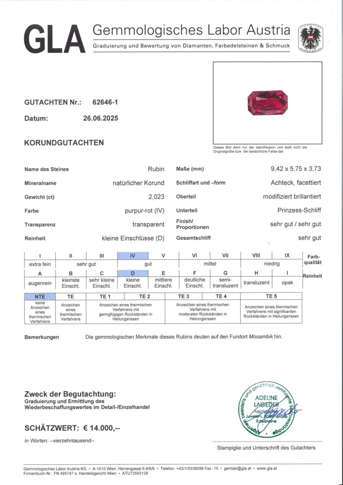 Gutachten zu Ruby octagon purplish red unheated 2.02 ct.
