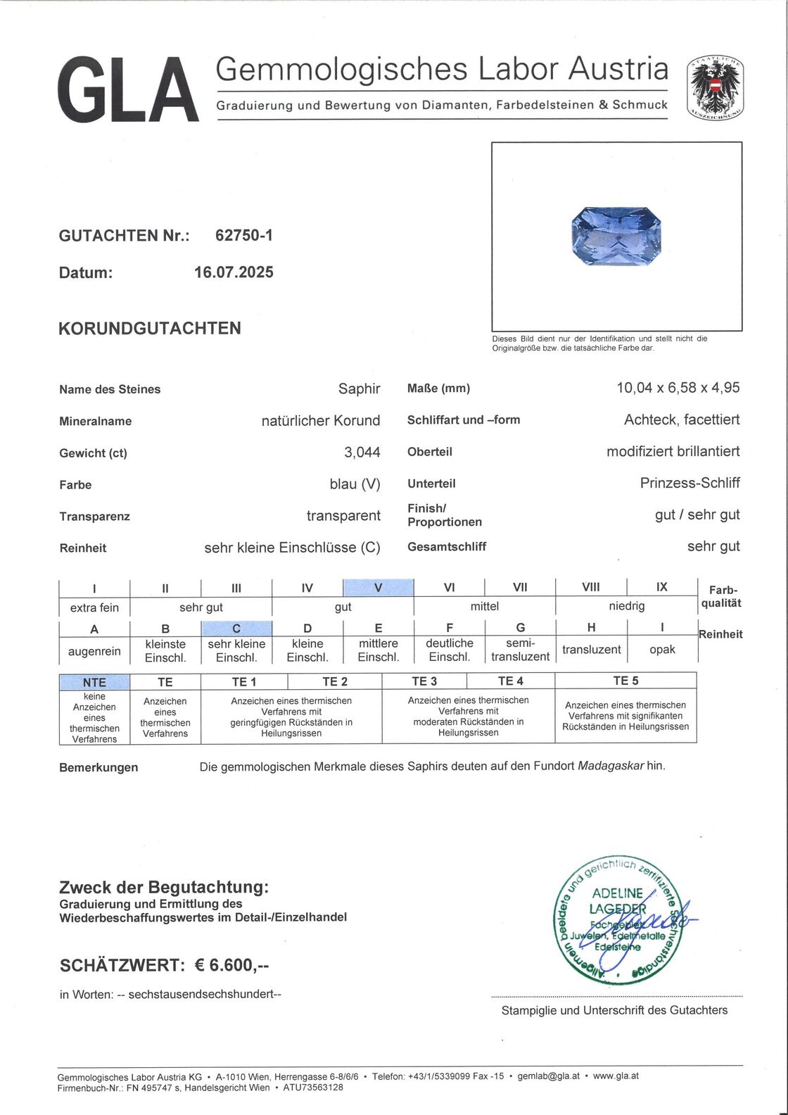 Gutachten zu Saphir octagon-princess blau ungebrannt 3,04 ct.