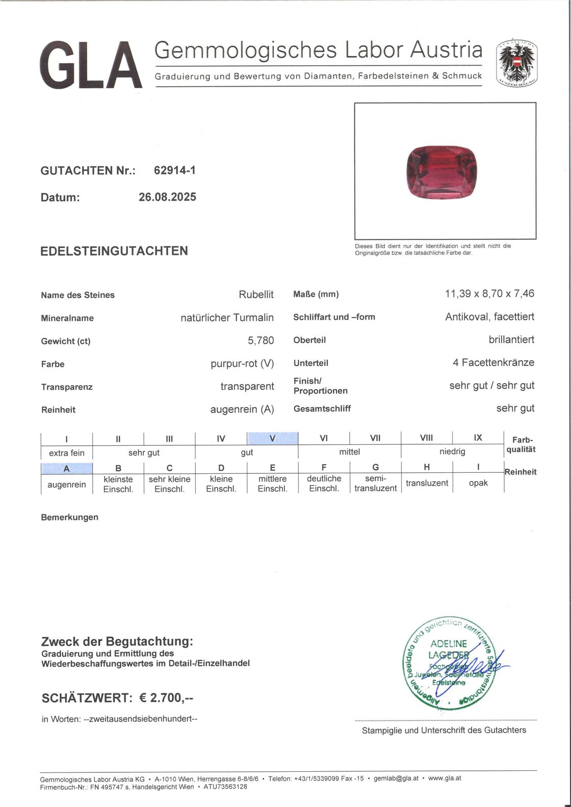 Gutachten zu Rubellite Tourmaline cushion purplish red 5.78 ct.