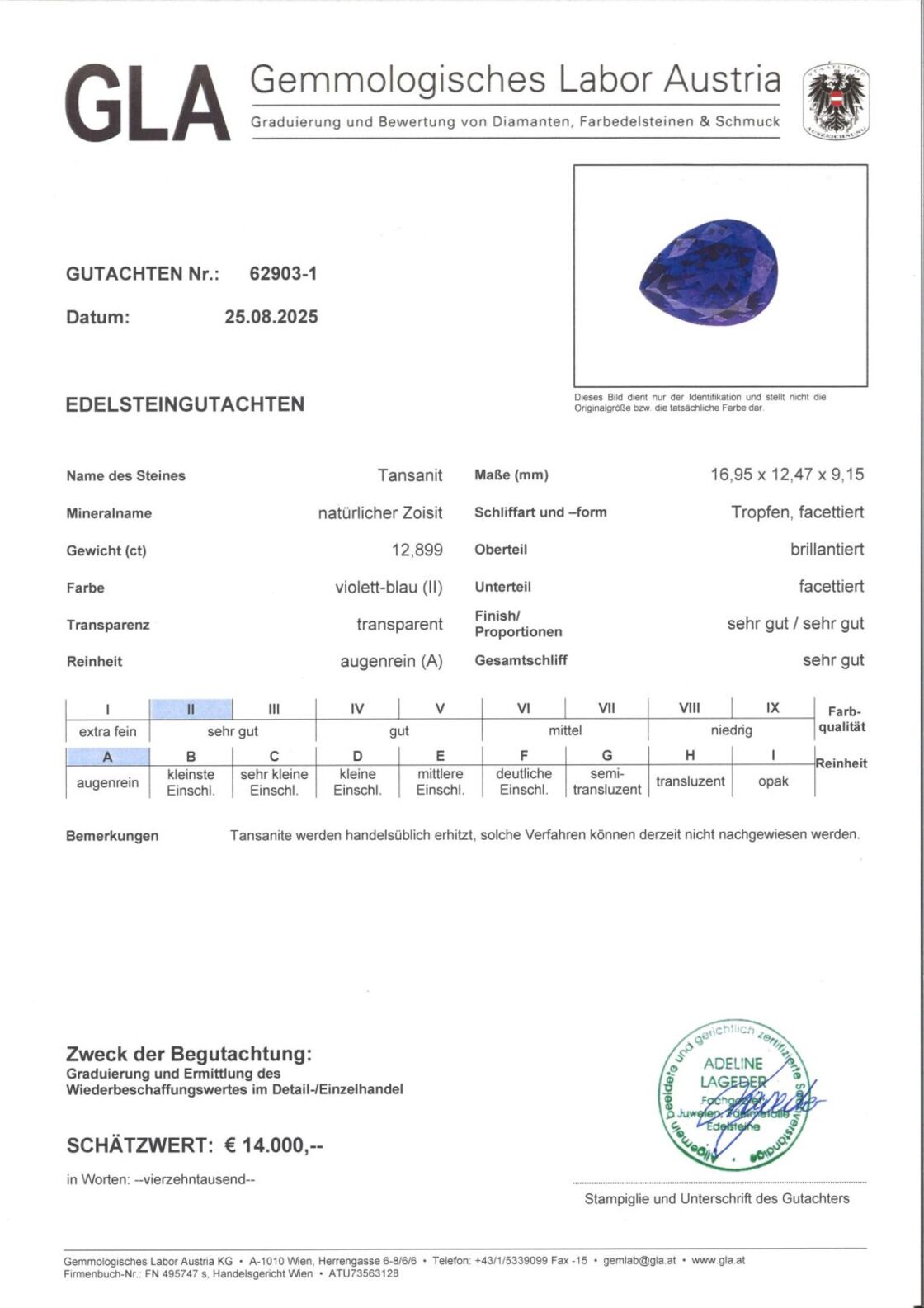Gutachten zu Tansanit Tropfen intensives Blau 12,89 ct.