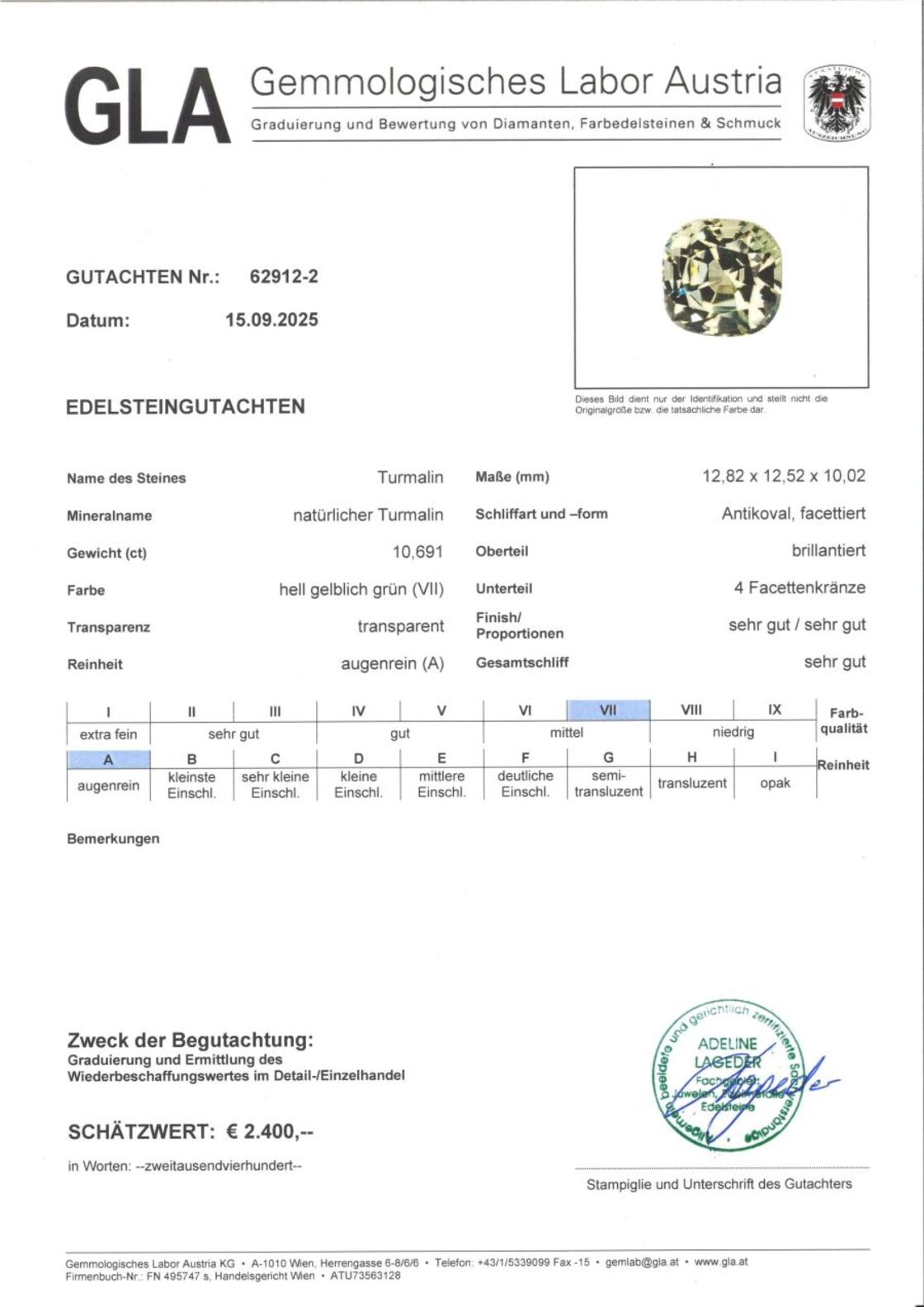 Gutachten zu Turmalin antik helles Gelbgrün 10,69 ct.