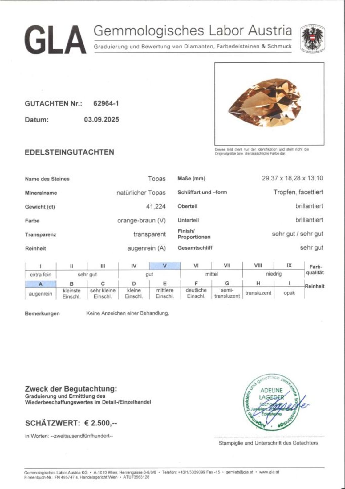 Gutachten zu Topaz pear orange brown 41.22 ct.