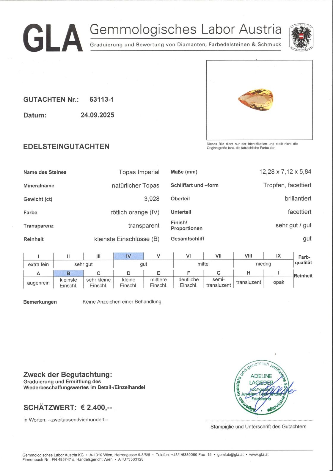 Gutachten zu imperial Topaz pear orange 3.92 ct