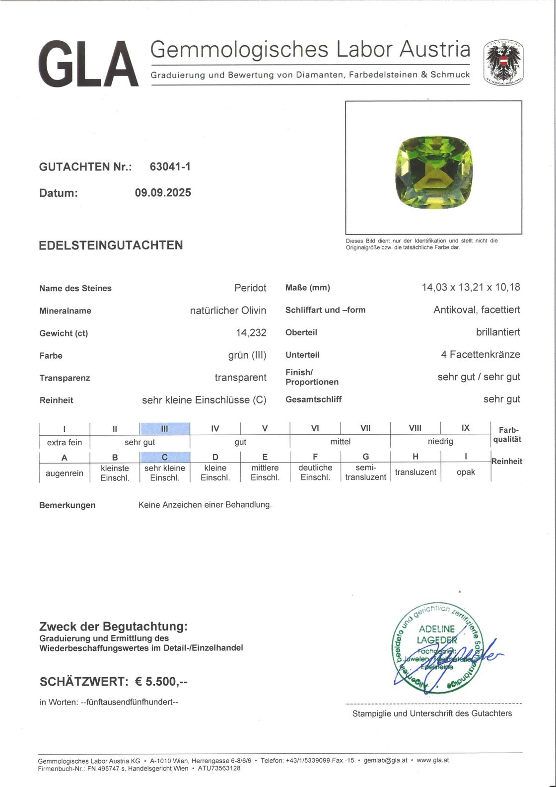 Gutachten zu Peridot antik intensives Grün unbehandelt 14,23 ct.