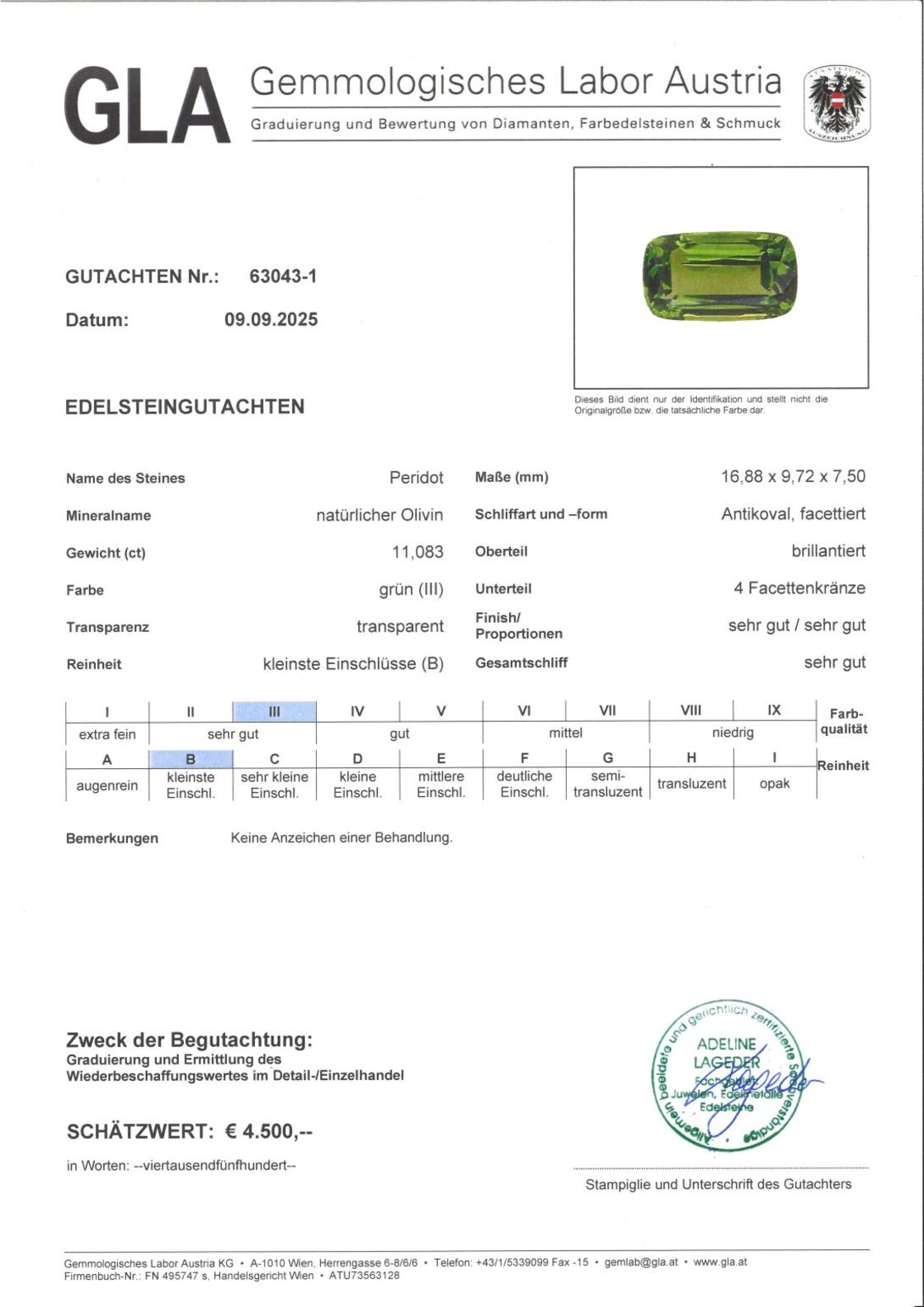 Gutachten zu Peridot antik intensives Grün 11,08 ct.