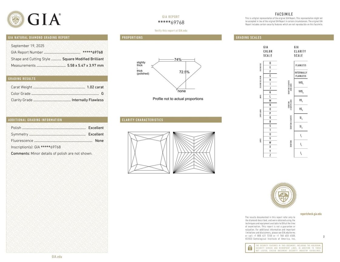 Gutachten zu Diamant Princess feines Weiss G lupenrein 1,02 ct