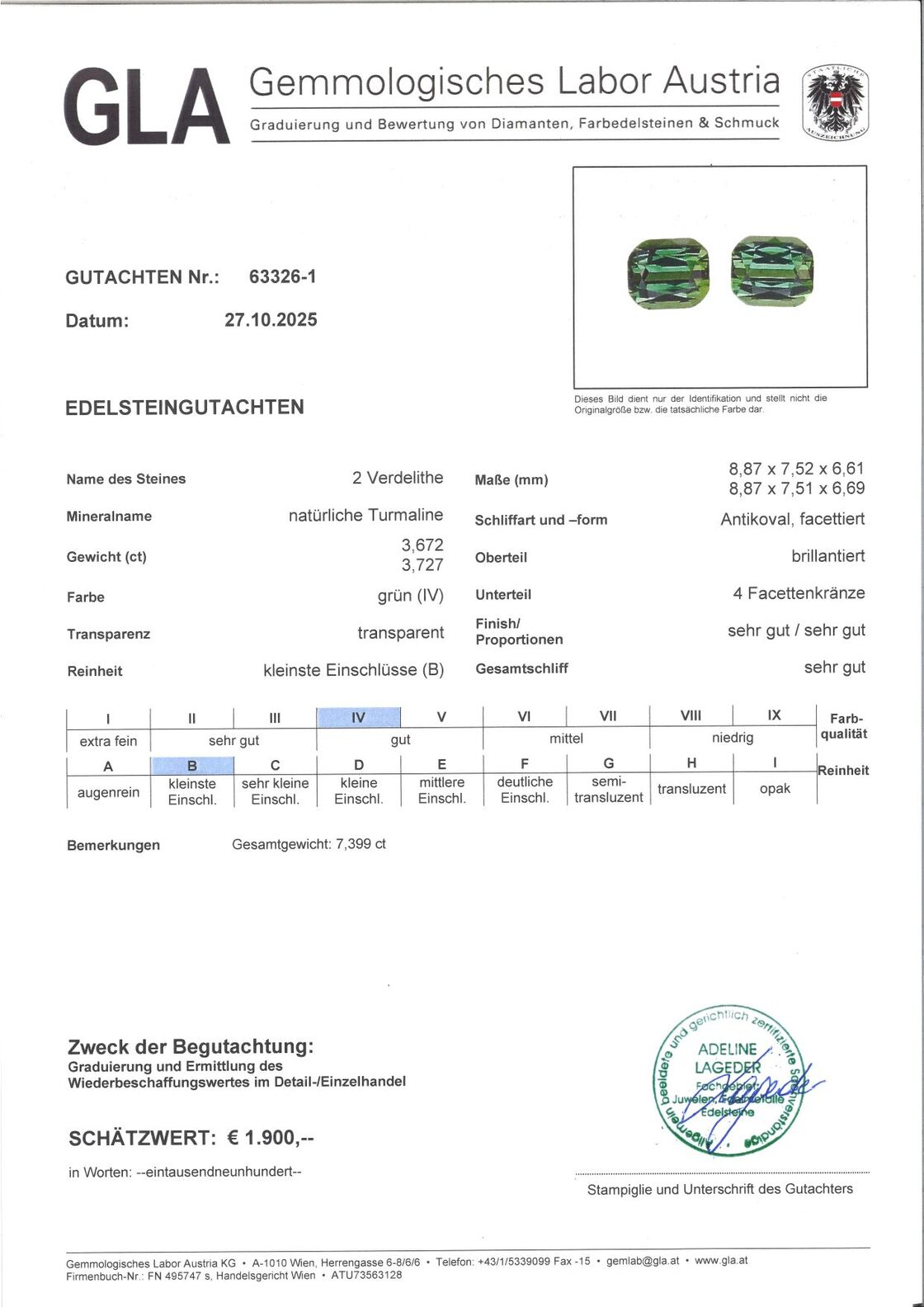 Gutachten zu Verdelith Duo Turmaline antik grün 7,39 ct.