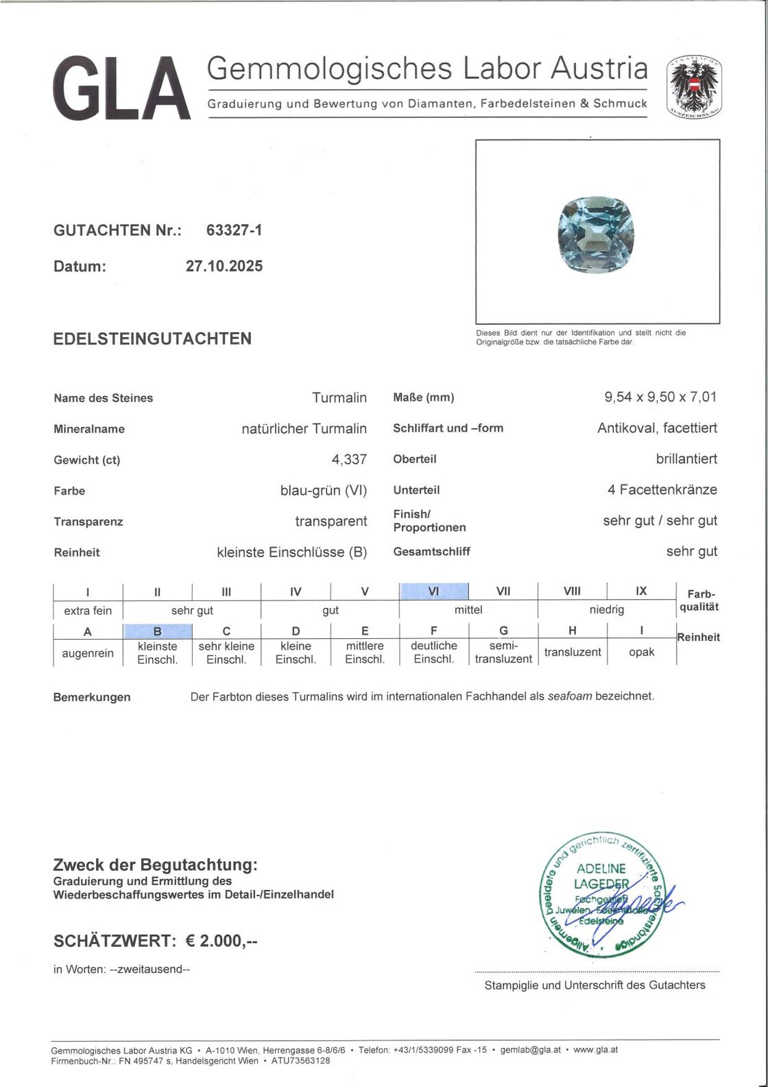 Gutachten zu Tourmaline cushion blue green seafoam 4.33 ct.