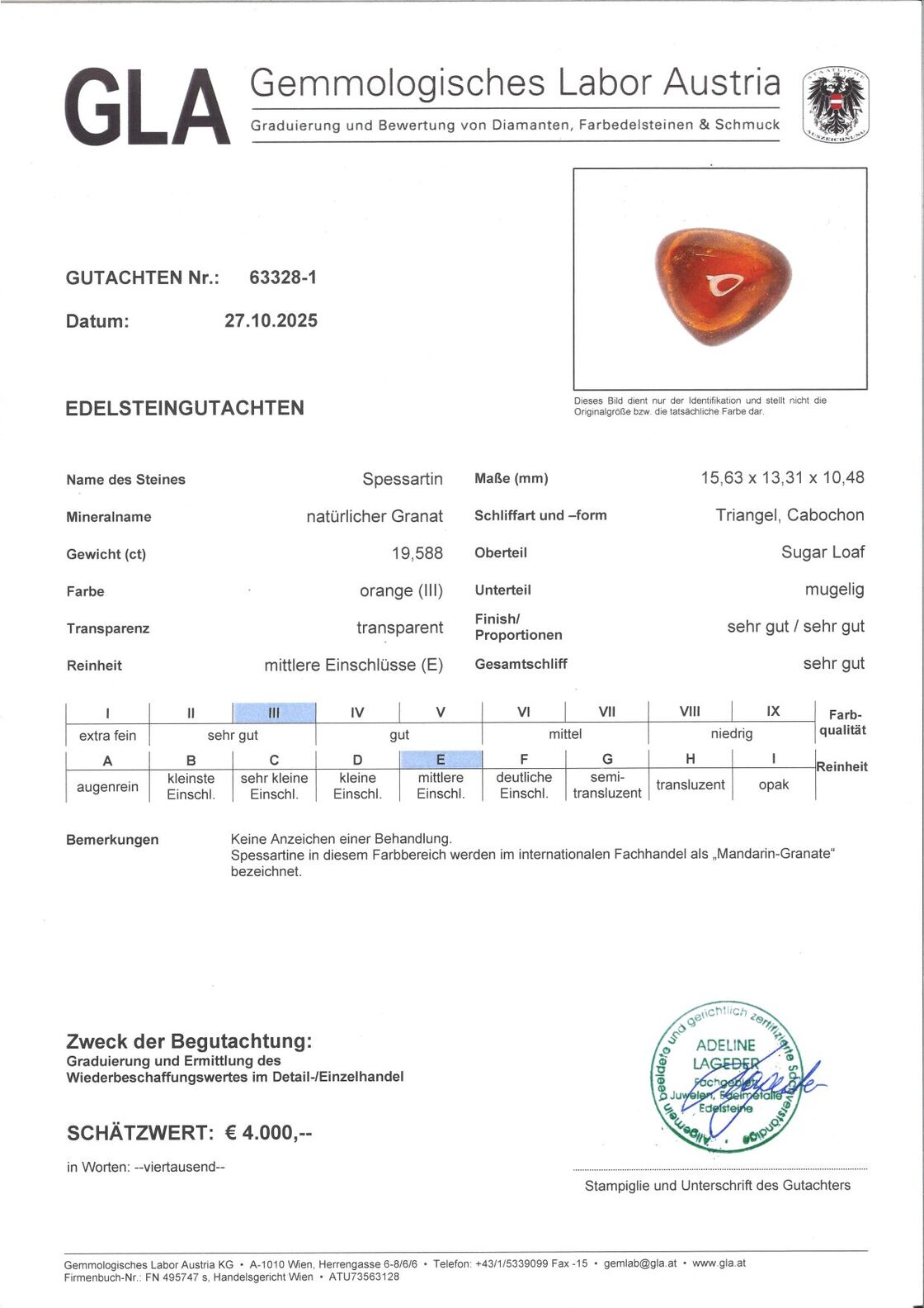 Gutachten zu Mandarin-Granat Trillion Cabochon orange 19,58 ct.