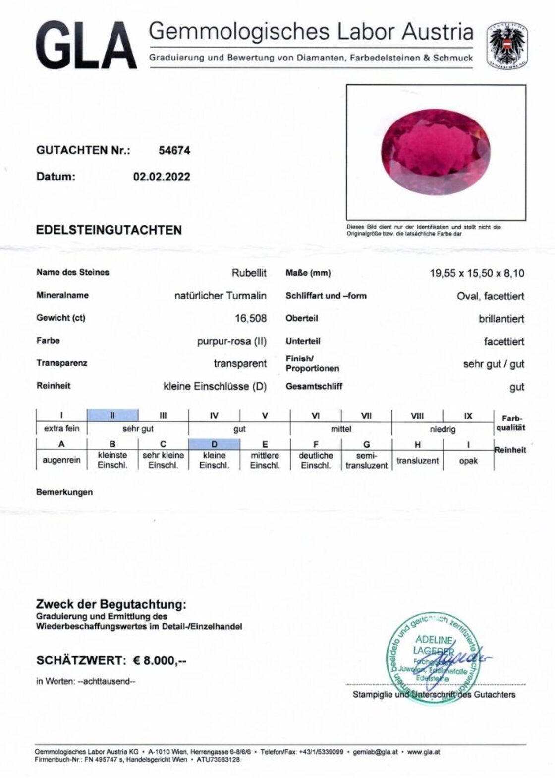 Gutachten zu Rubellite Tourmaline oval intense purple red 16.50 ct.