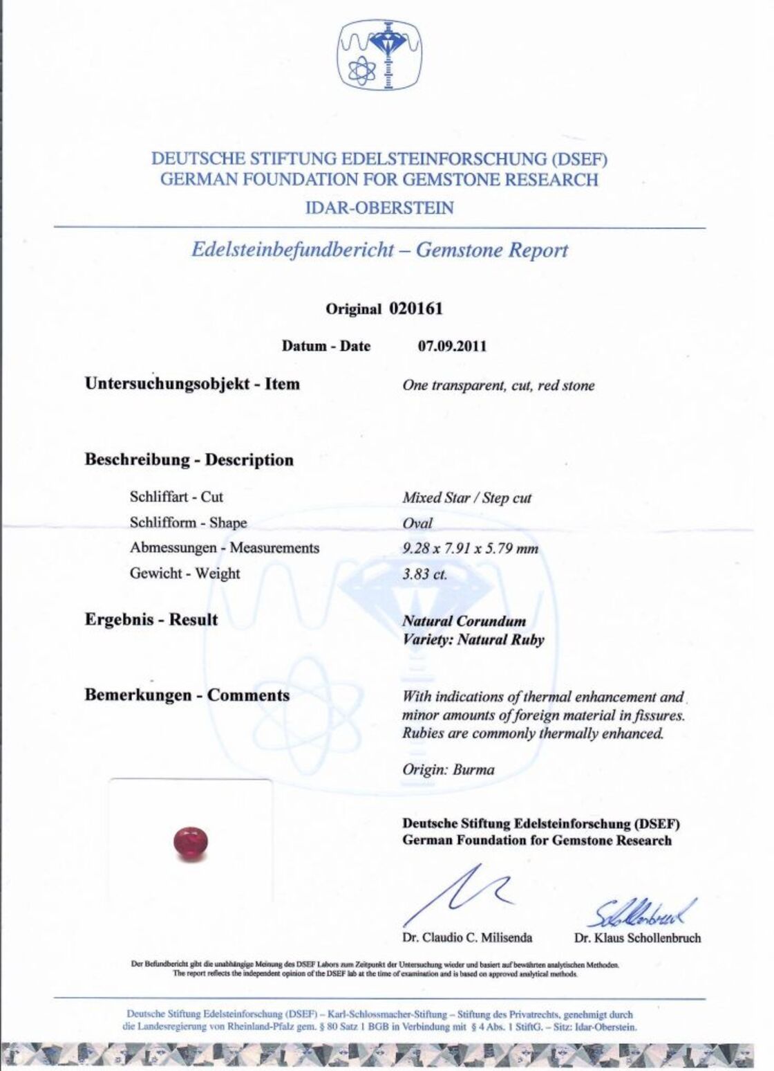 Gutachten zu Burma Rubin oval intensives pink-rot 3,83 ct.