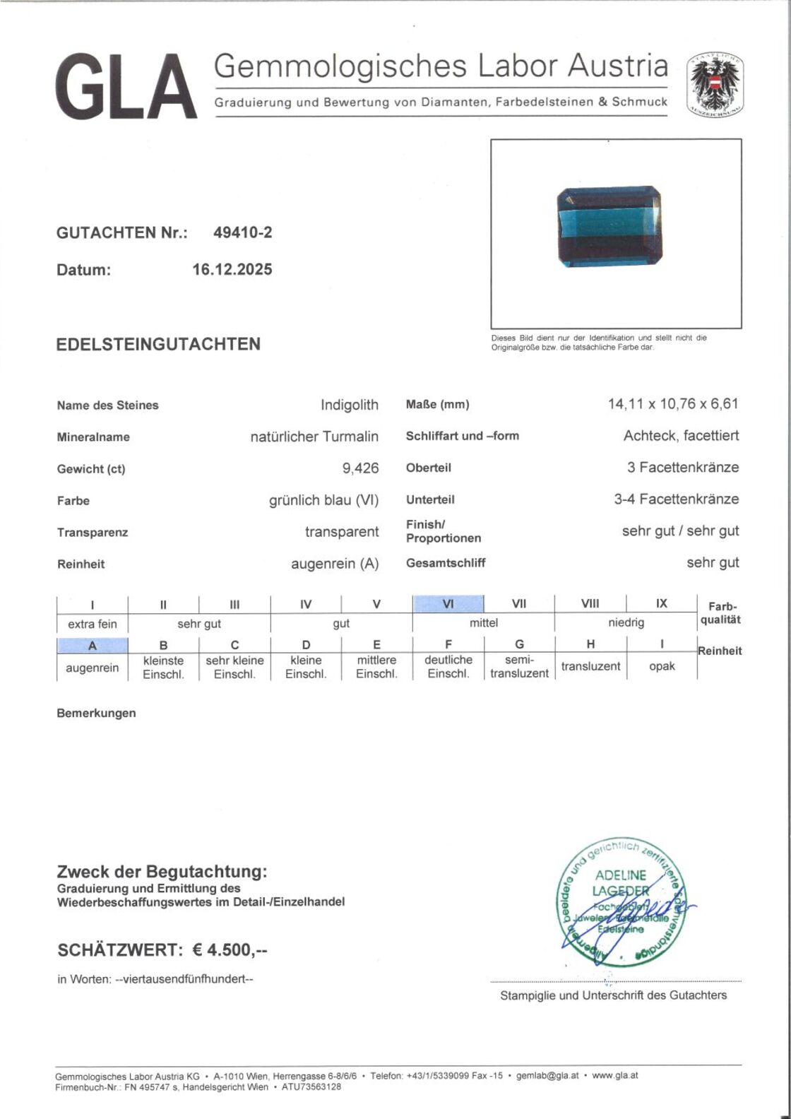Gutachten zu Indigolith Turmalin octagon grünlich blau 9,42 ct