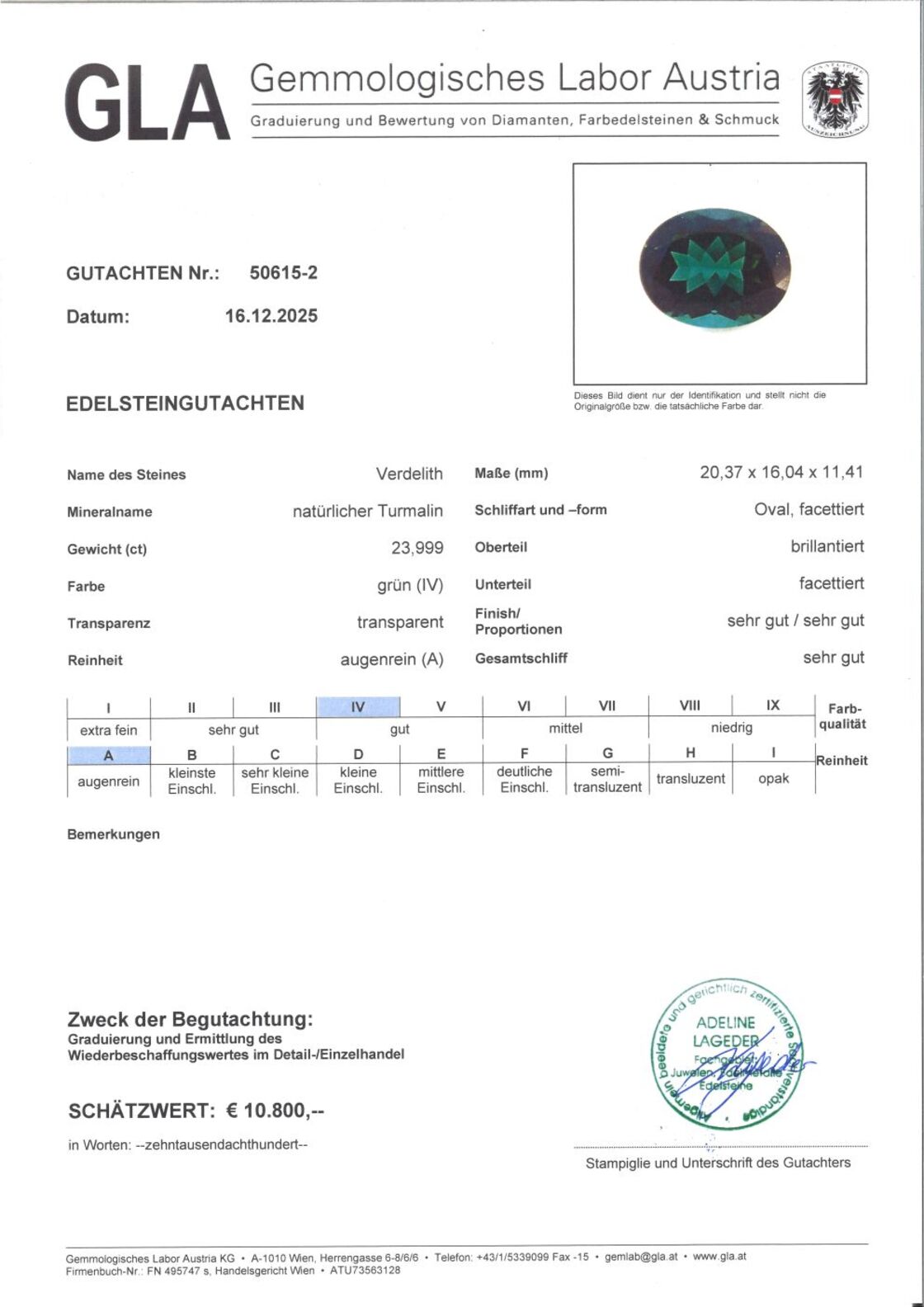 Gutachten zu Green Tourmaline Tourmaline oval green 23.99 ct