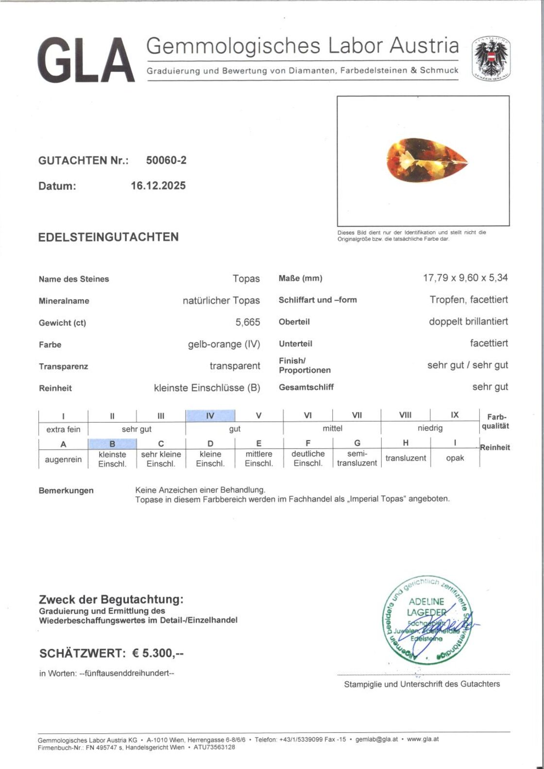 Gutachten zu Imperial-Topas pear yellow orange 5.66 ct