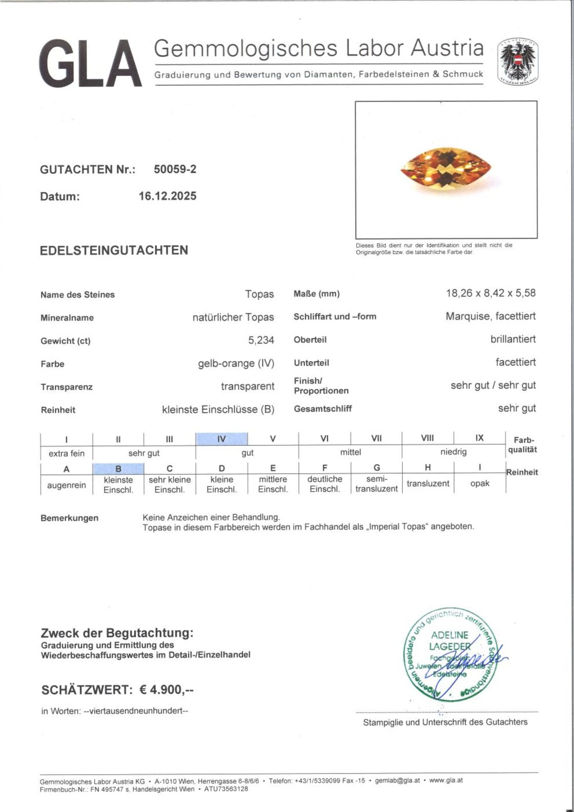 Gutachten zu Imperial-Topas marquise yellow orange 5.23 ct