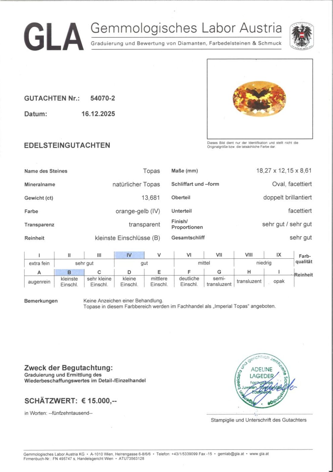 Gutachten zu imperial Topaz oval yellow orange 13.68 ct