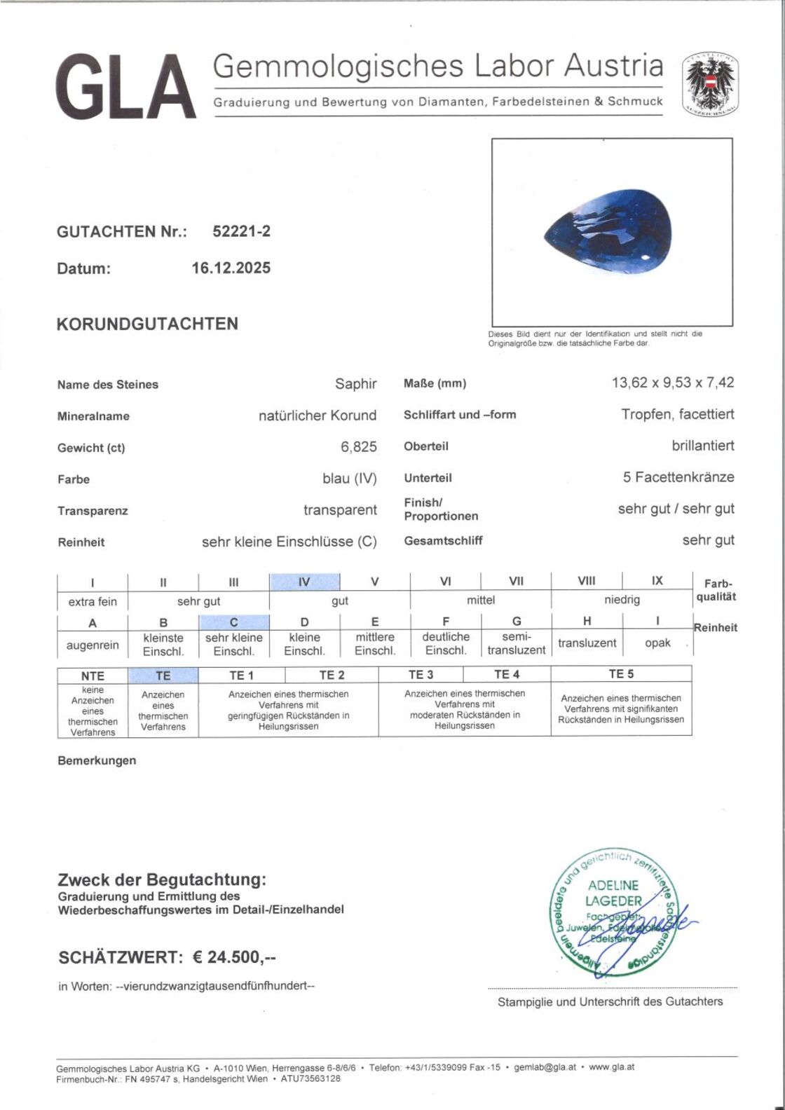 Gutachten zu Sapphire Korund pear blue 6.82 ct