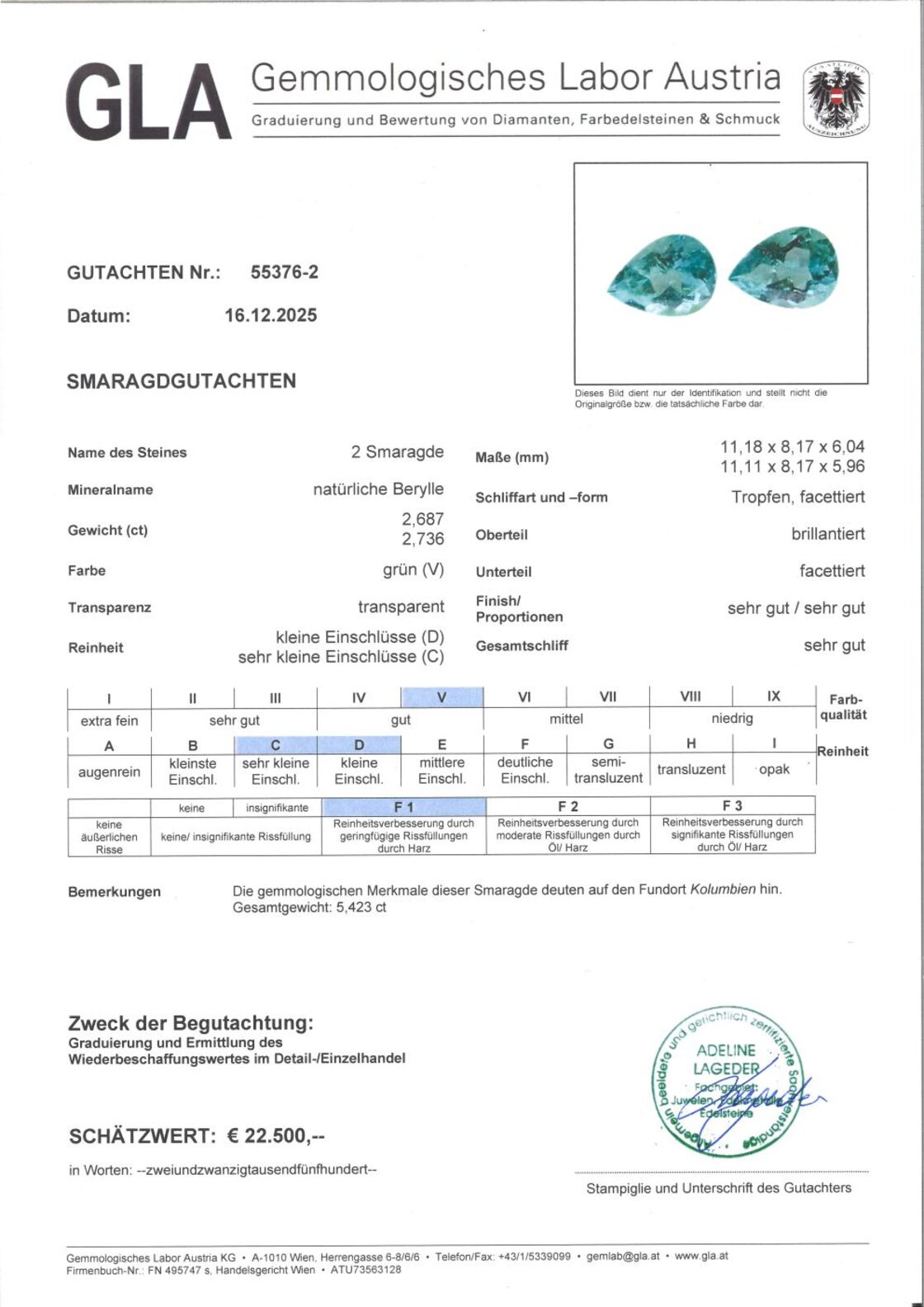 Gutachten zu Smaragd Duo Tropfen grün 5,42 ct