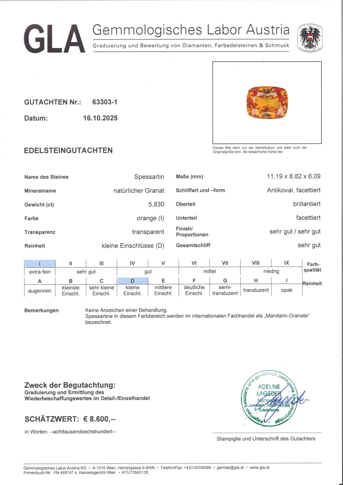 Gutachten zu Mandarin Granat antik intensives Orange 5,83 ct.