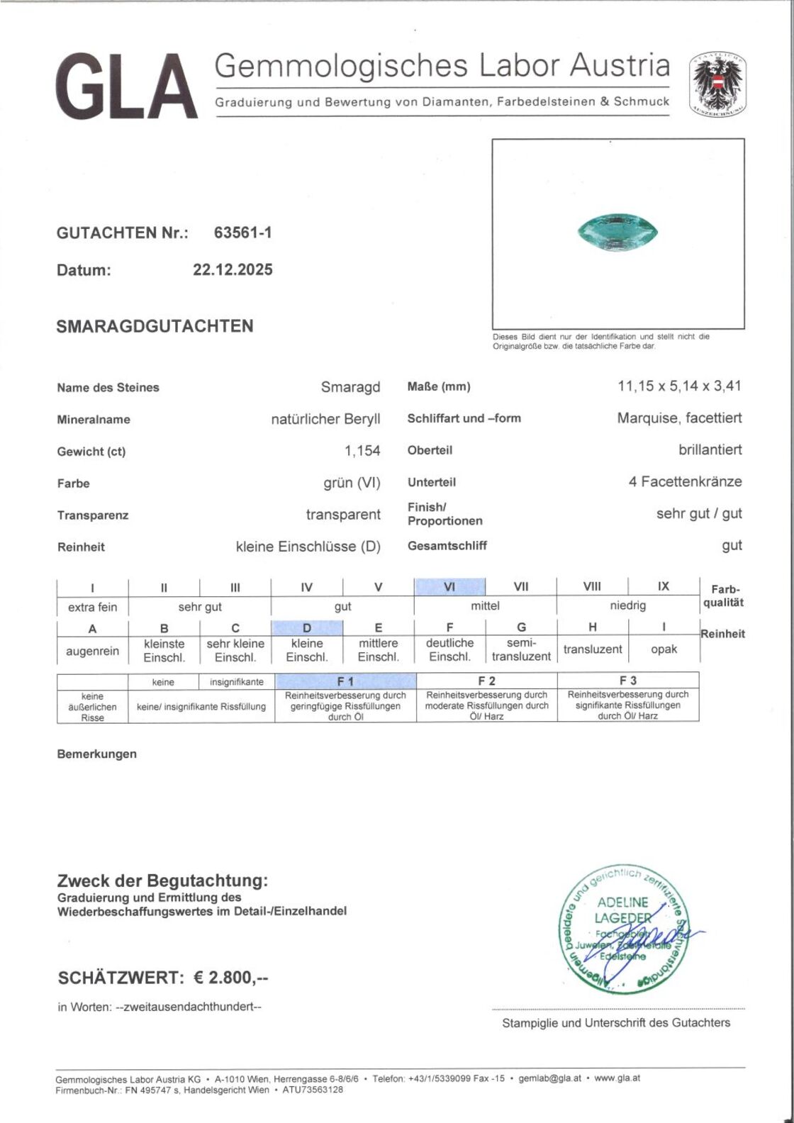 Gutachten zu Emerald marquise green 1.16 ct