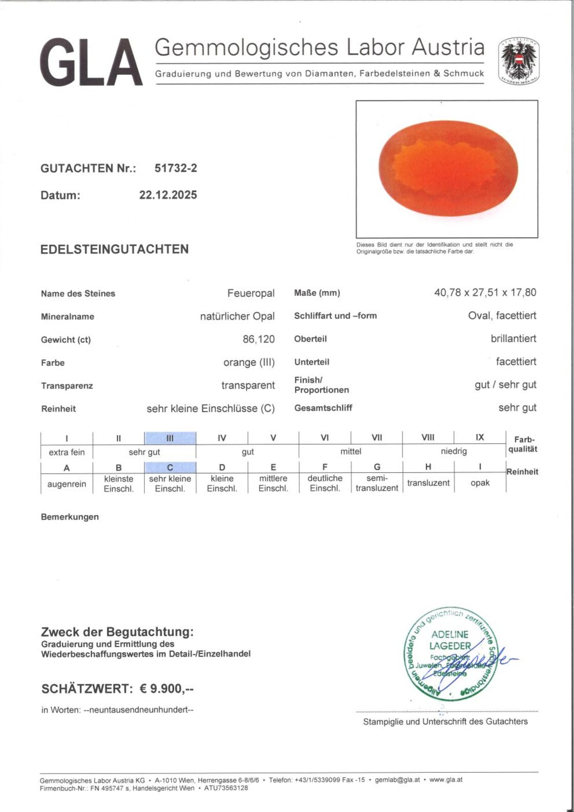 Gutachten zu Feueropal oval orange 68,12 ct.