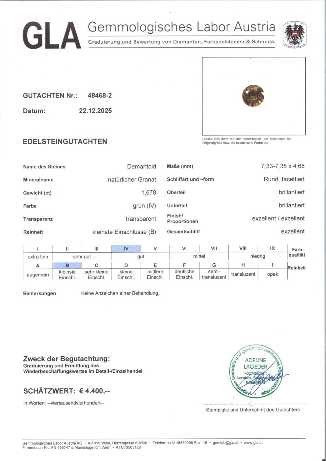 Gutachten zu Demantoid Garnet round brilliant green 1.67 ct