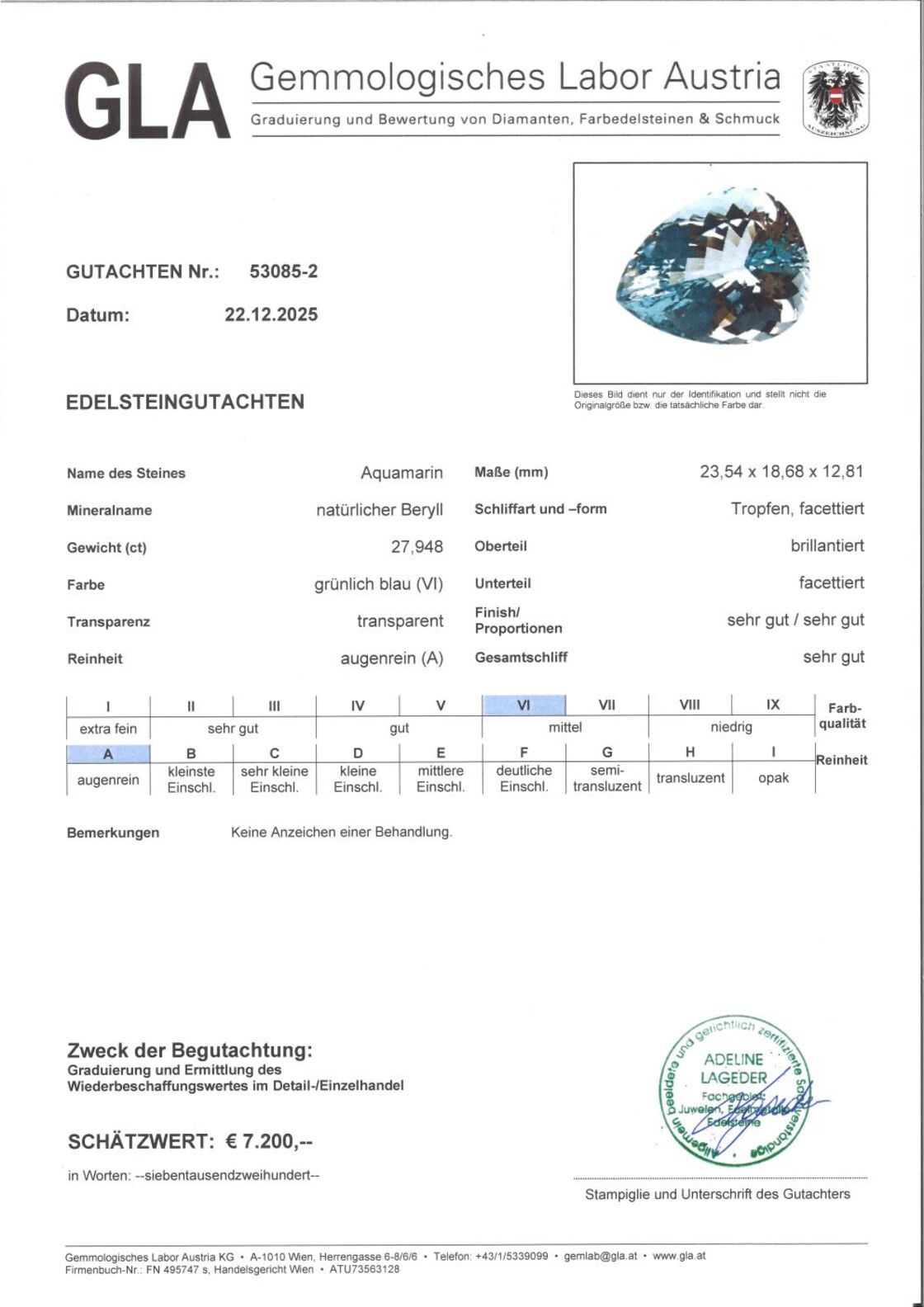 Gutachten zu Aquamarin Tropfen hellblau ungebrannt 27,94 ct