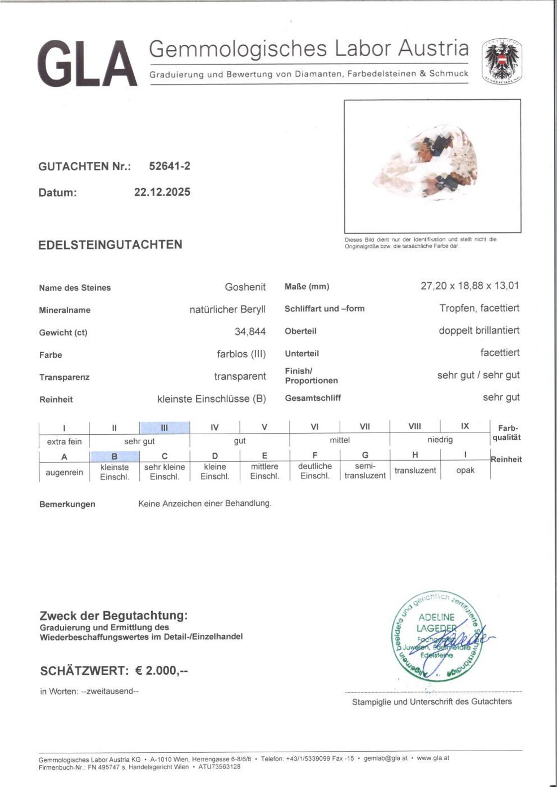 Gutachten zu Edelberyll Goshenit Tropfen farblos-getönt 34,84 ct