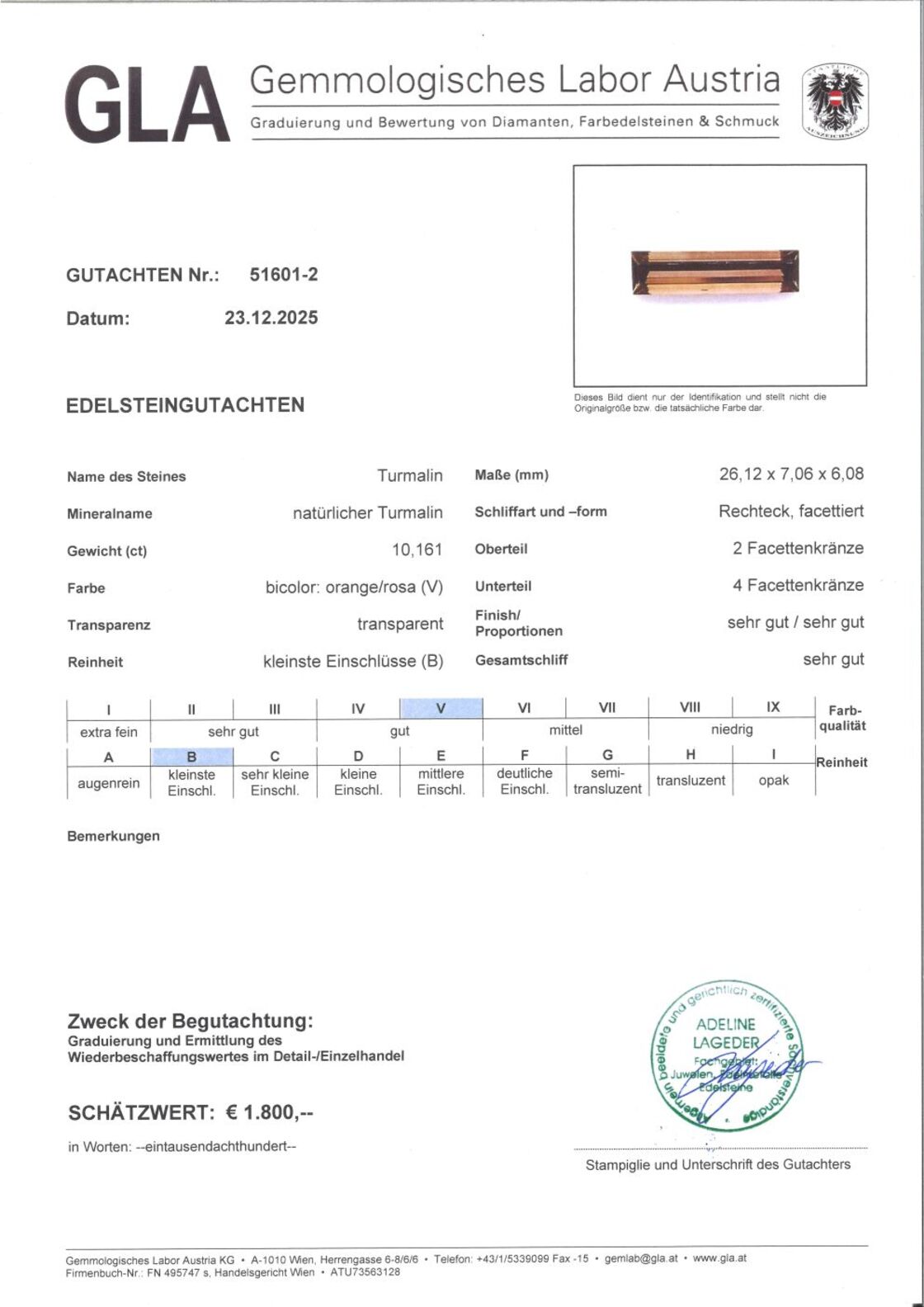 Gutachten zu Turmalin Baguette bräunlich-rosa 10,16 ct