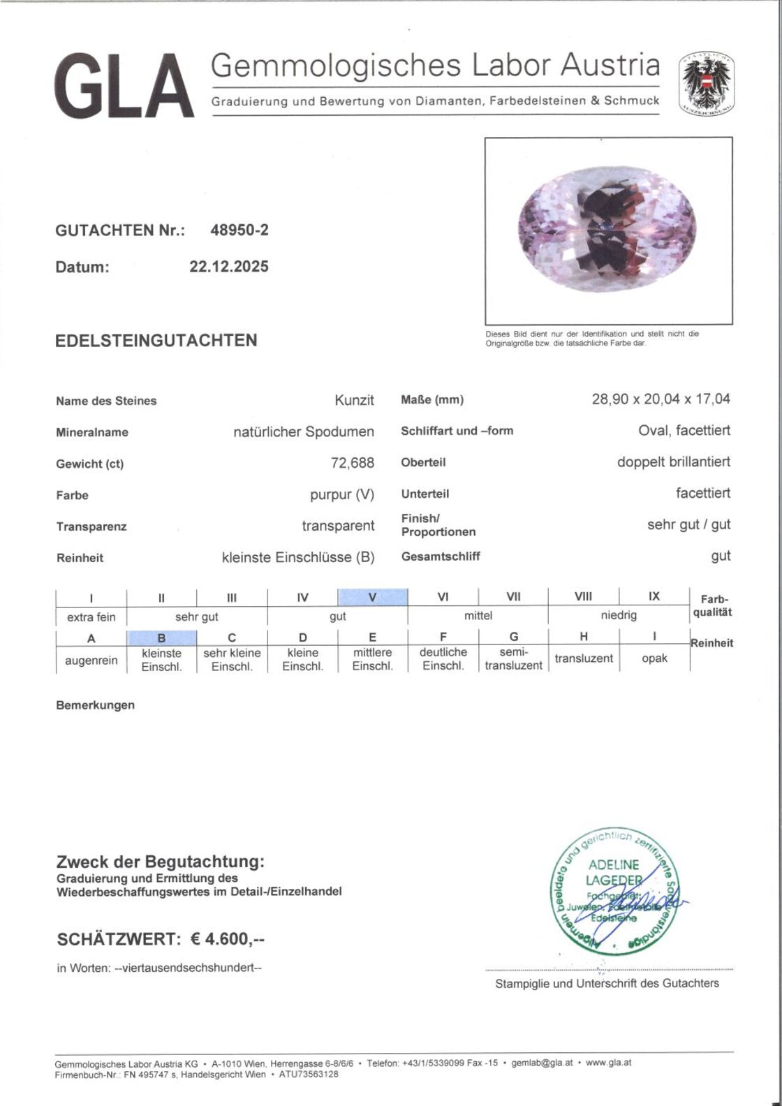 Gutachten zu Kunzit oval 72,68 ct