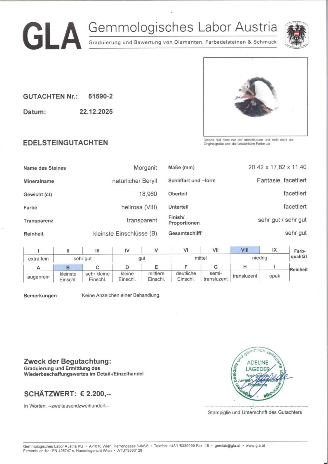 Gutachten zu Morganite Fantasy 18.96 ct