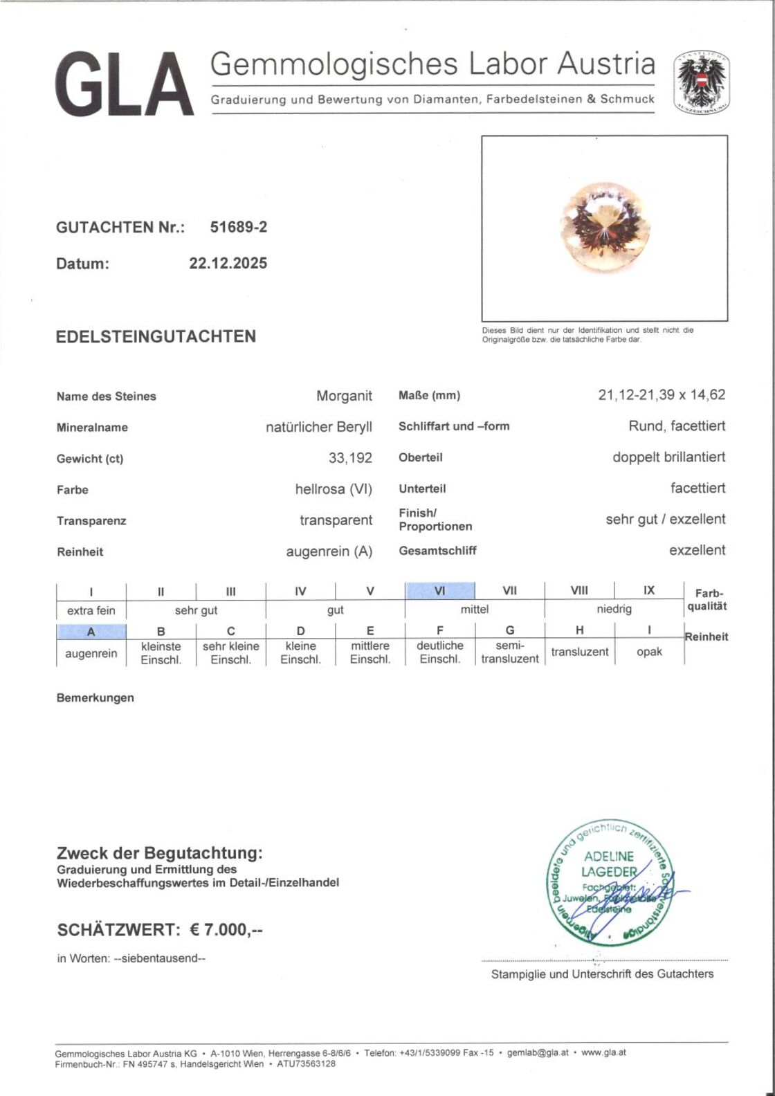 Gutachten zu Morganit Beryll rund hellrosa 33,19 ct