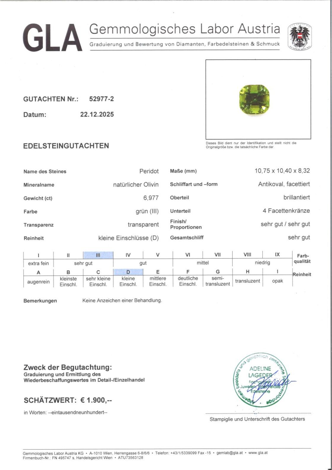 Gutachten zu Peridot cushion green 6.97 ct.