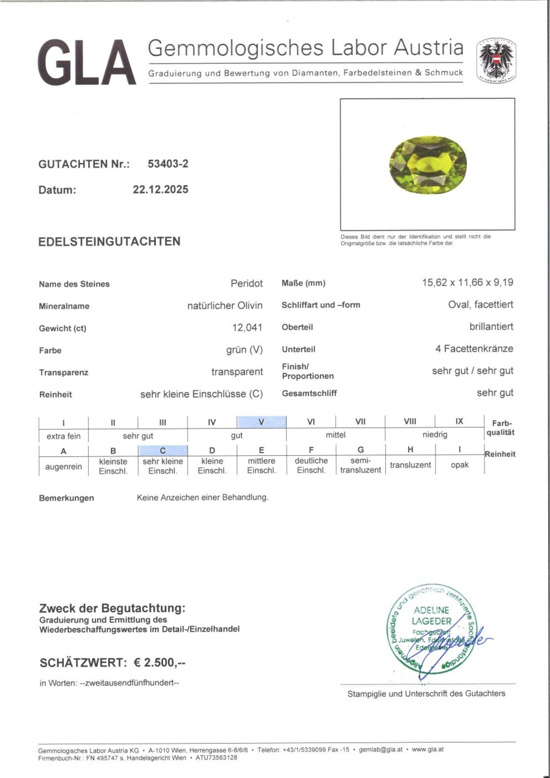 Gutachten zu Peridot oval green 12.04 ct