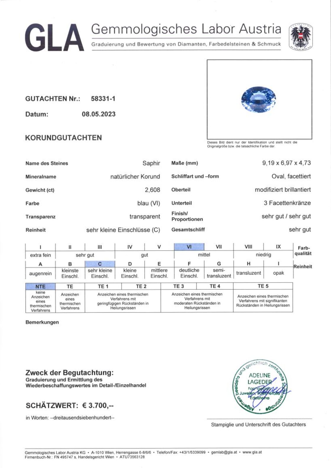 Gutachten zu Sapphire oval blue untreated 2.60 ct.