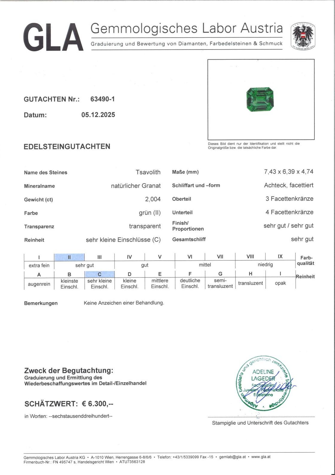 Gutachten zu Tsavorit Granat octagon intensives Grün 2,00 ct.