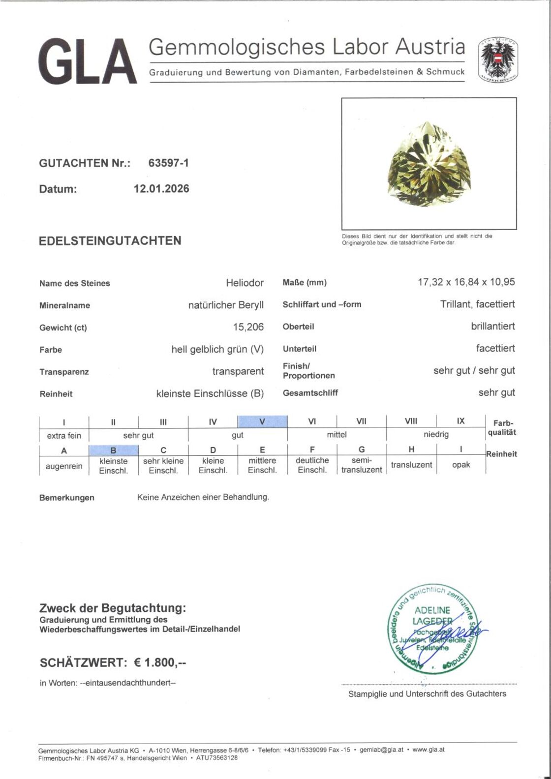Gutachten zu Heliodor Beryll trillion light yellow green 15.20 ct.