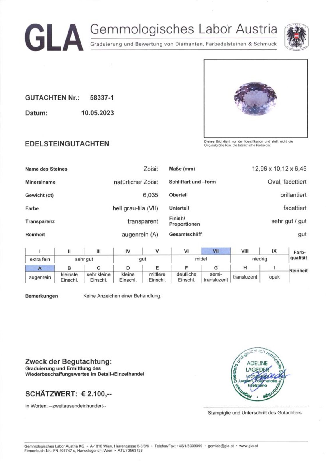 Gutachten zu Zoisit oval gräulich-lila unbehandelt 6,03 ct.