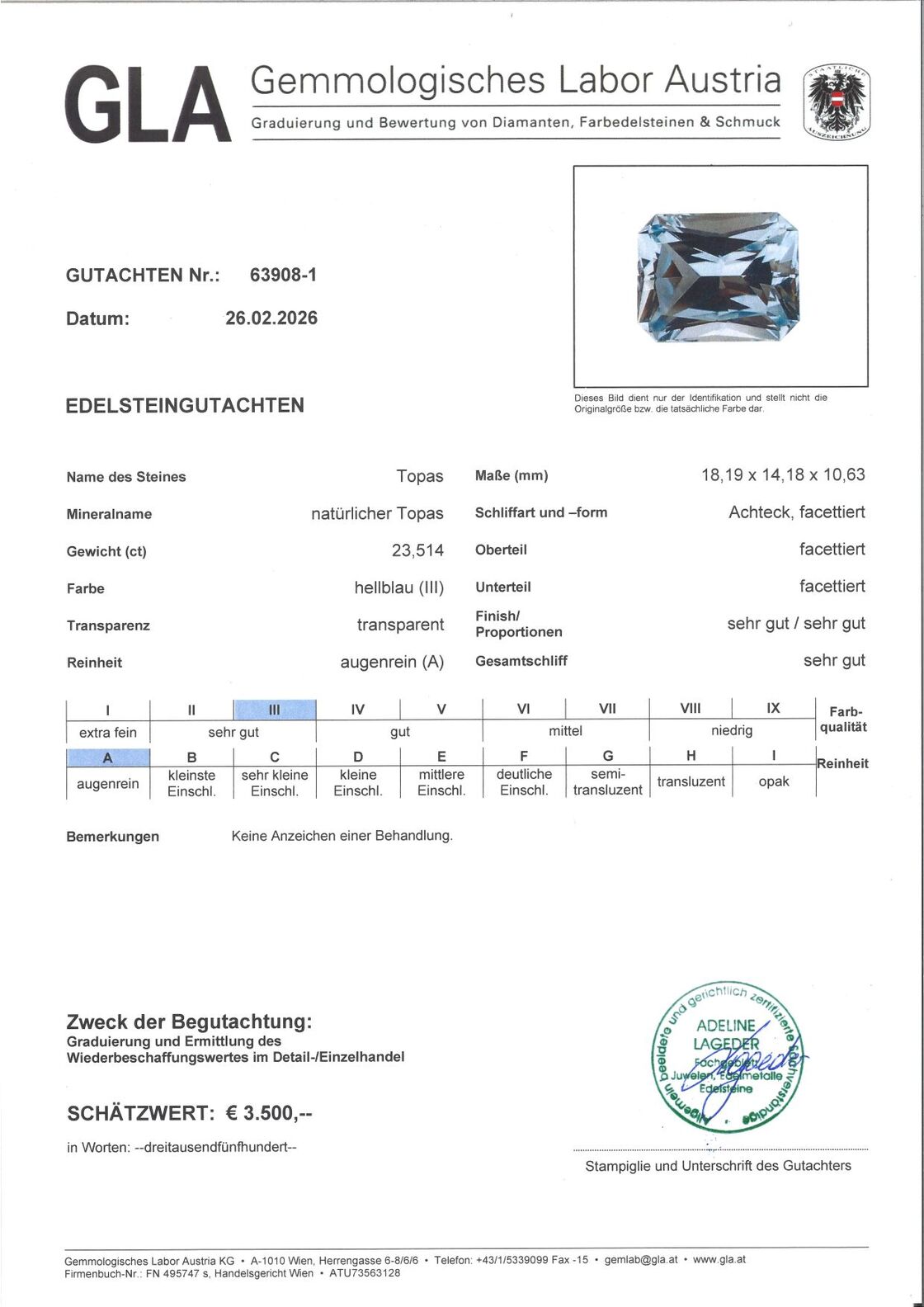 Gutachten zu Topas Design-Achteck hellblau unbehandelt 23,51 ct