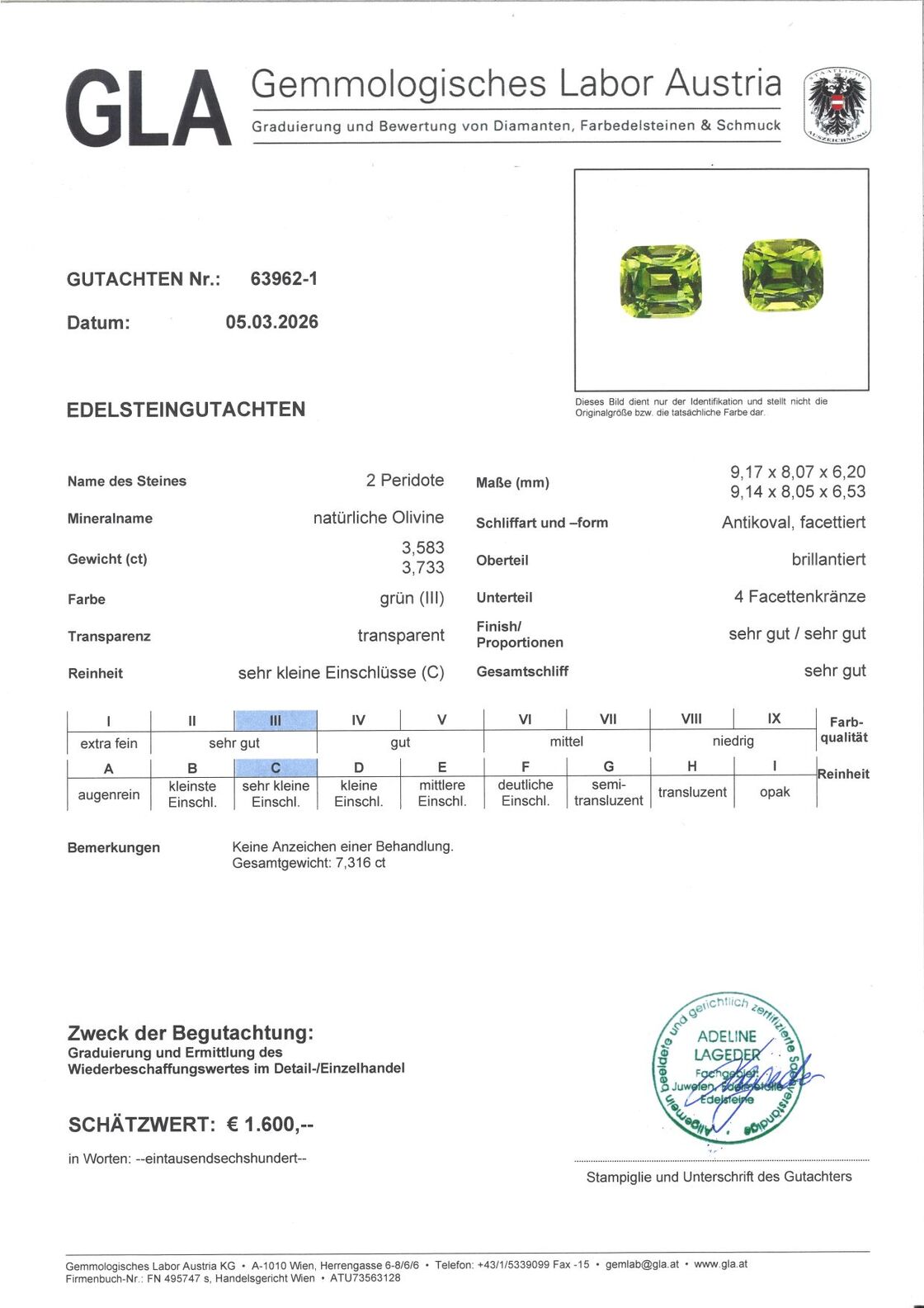 Gutachten zu Peridot Duo antik grün 7,31 ct