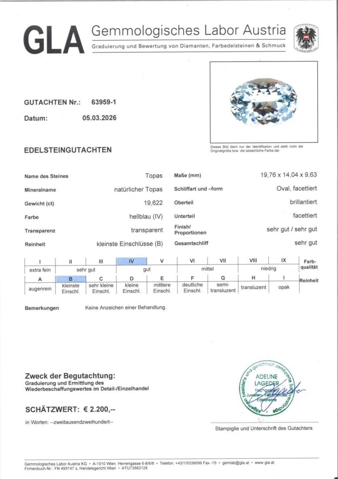 Gutachten zu Topas oval hellblau unbehandelt 19,62 ct