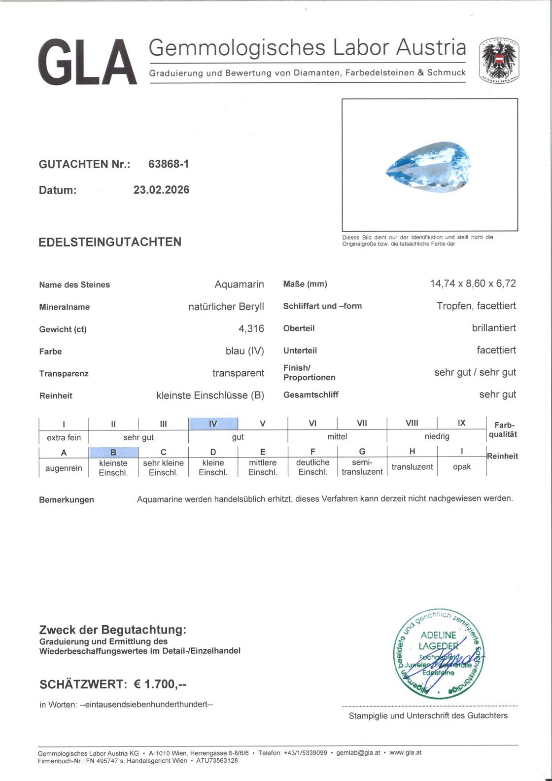 Gutachten zu Aquamarine pear light blue 4.31 ct.