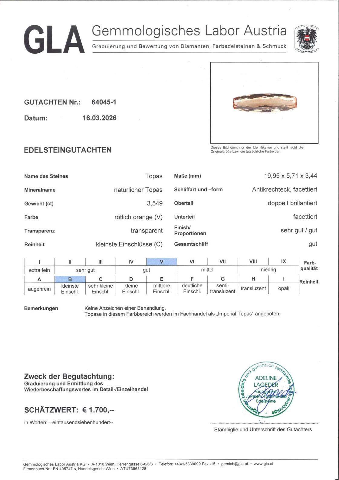 Gutachten zu Imperial-Topas cushion 3.54 ct