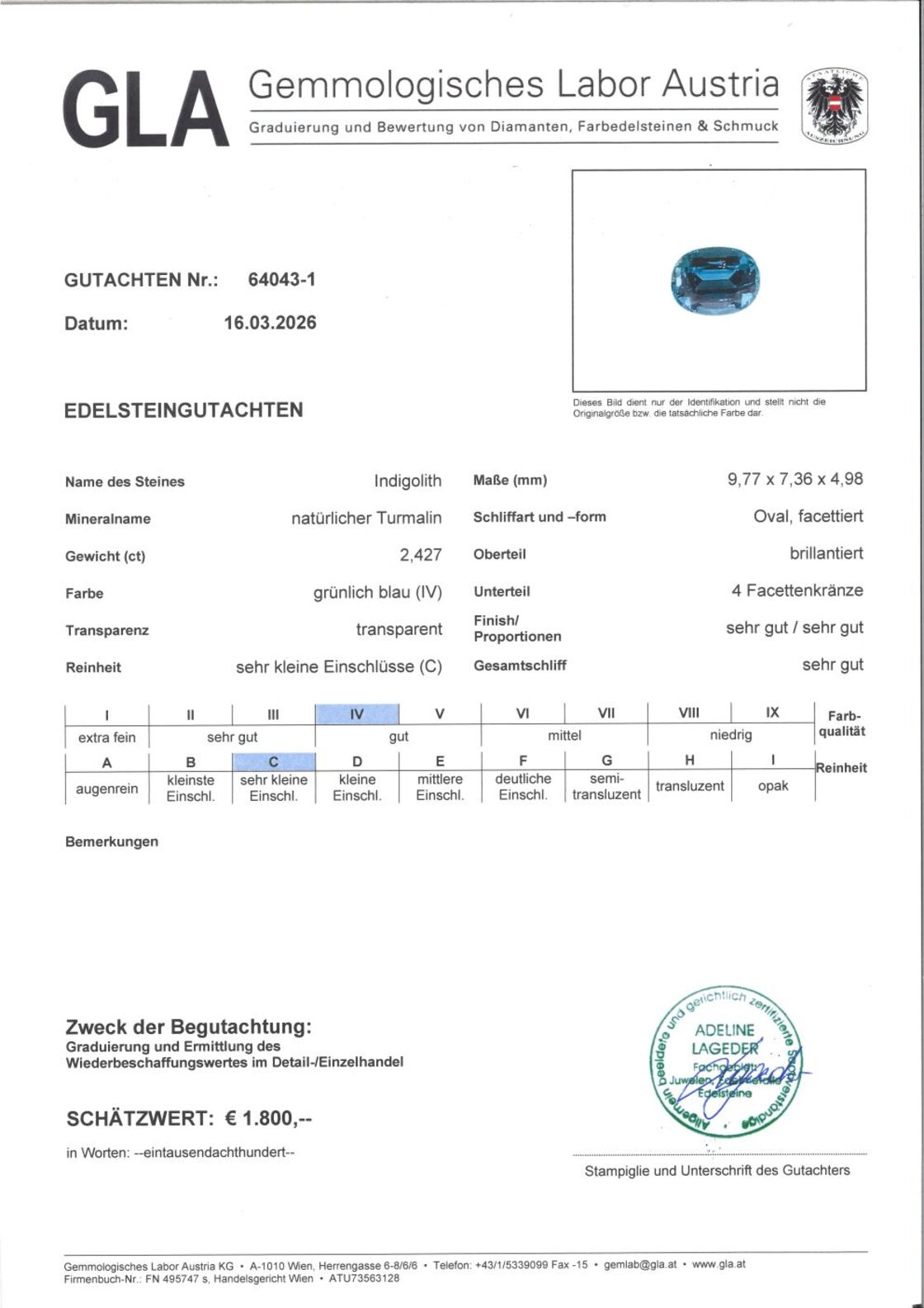 Gutachten zu Indigolith Turmalin oval blau 2,42 ct.