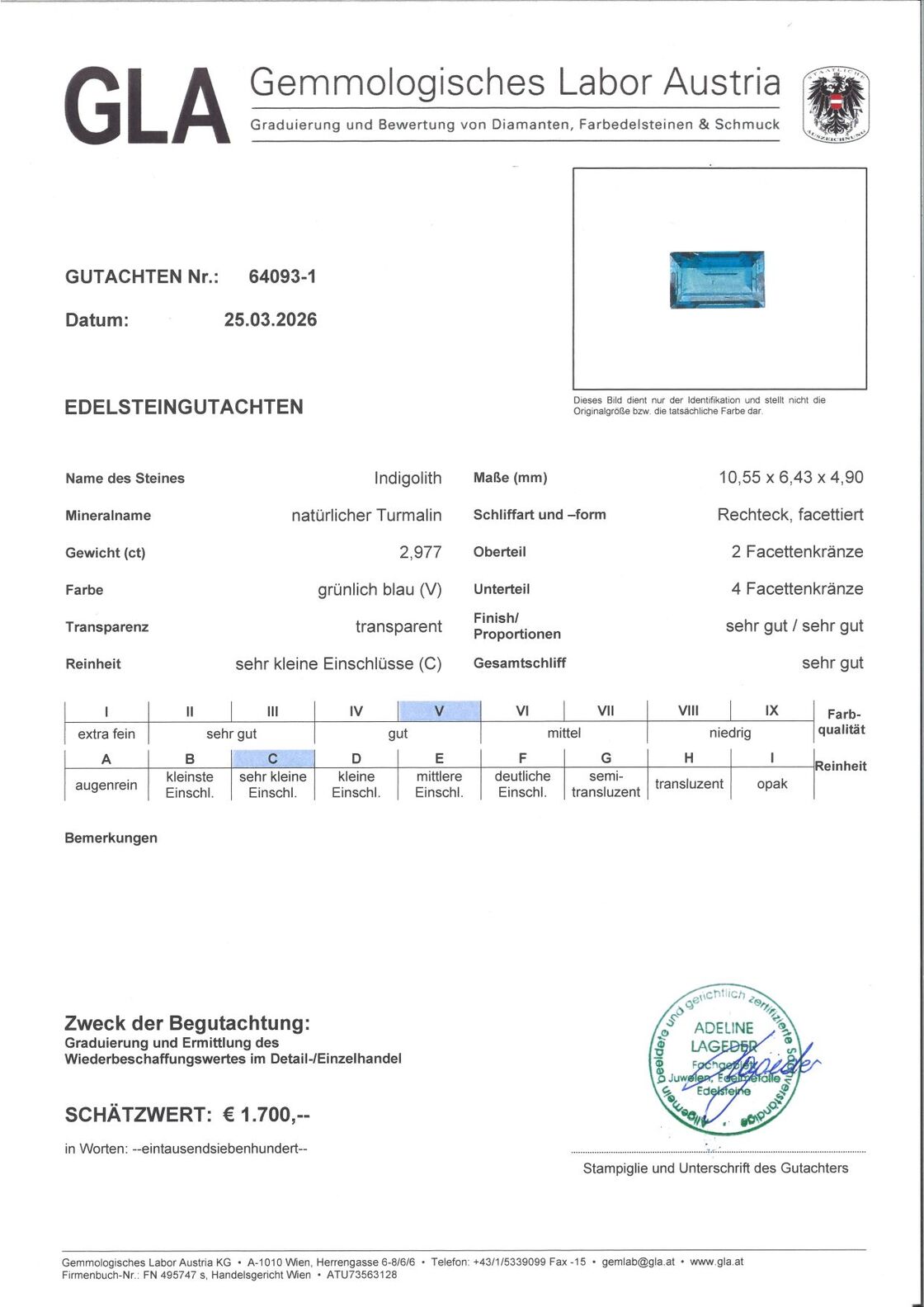 Gutachten zu Indigolith Turmalin Baguette 2,97 ct