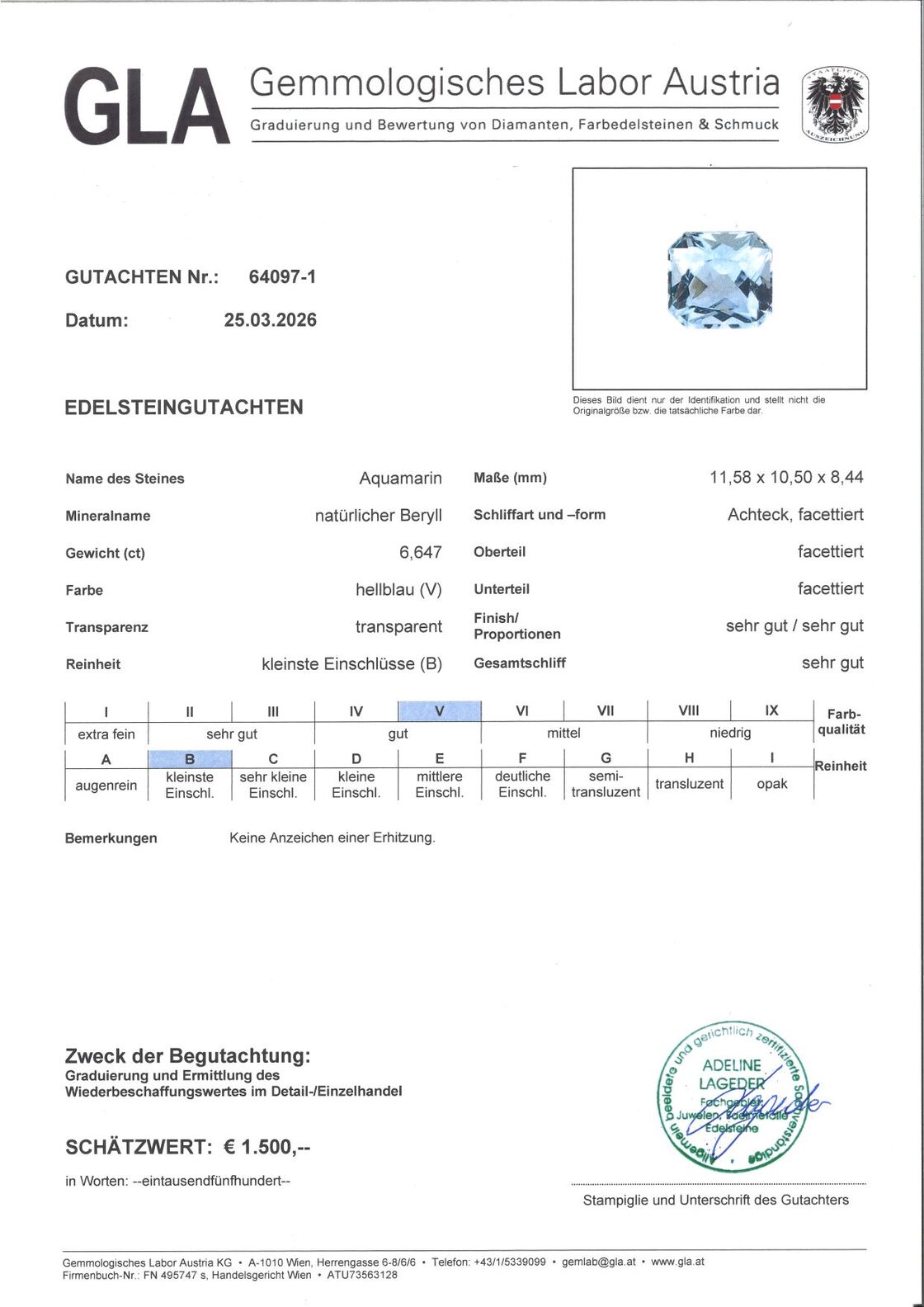 Gutachten zu Aquamarine octagon light blue untreated 6.64 ct