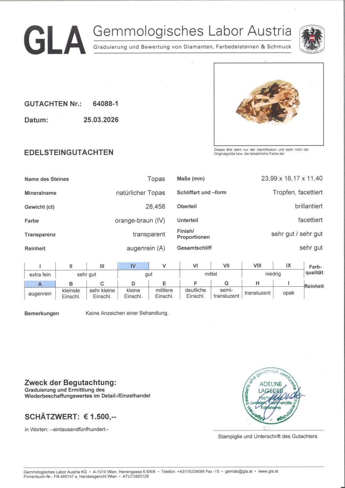 Gutachten zu Topas Tropfen gelbbraun unbehandelt 28,45 ct.